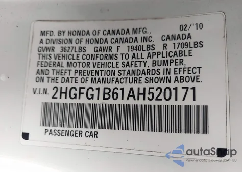 2010 Honda Civic Lx z USA, uszkodzony, nr VIN 2HGFG1B61AH520171